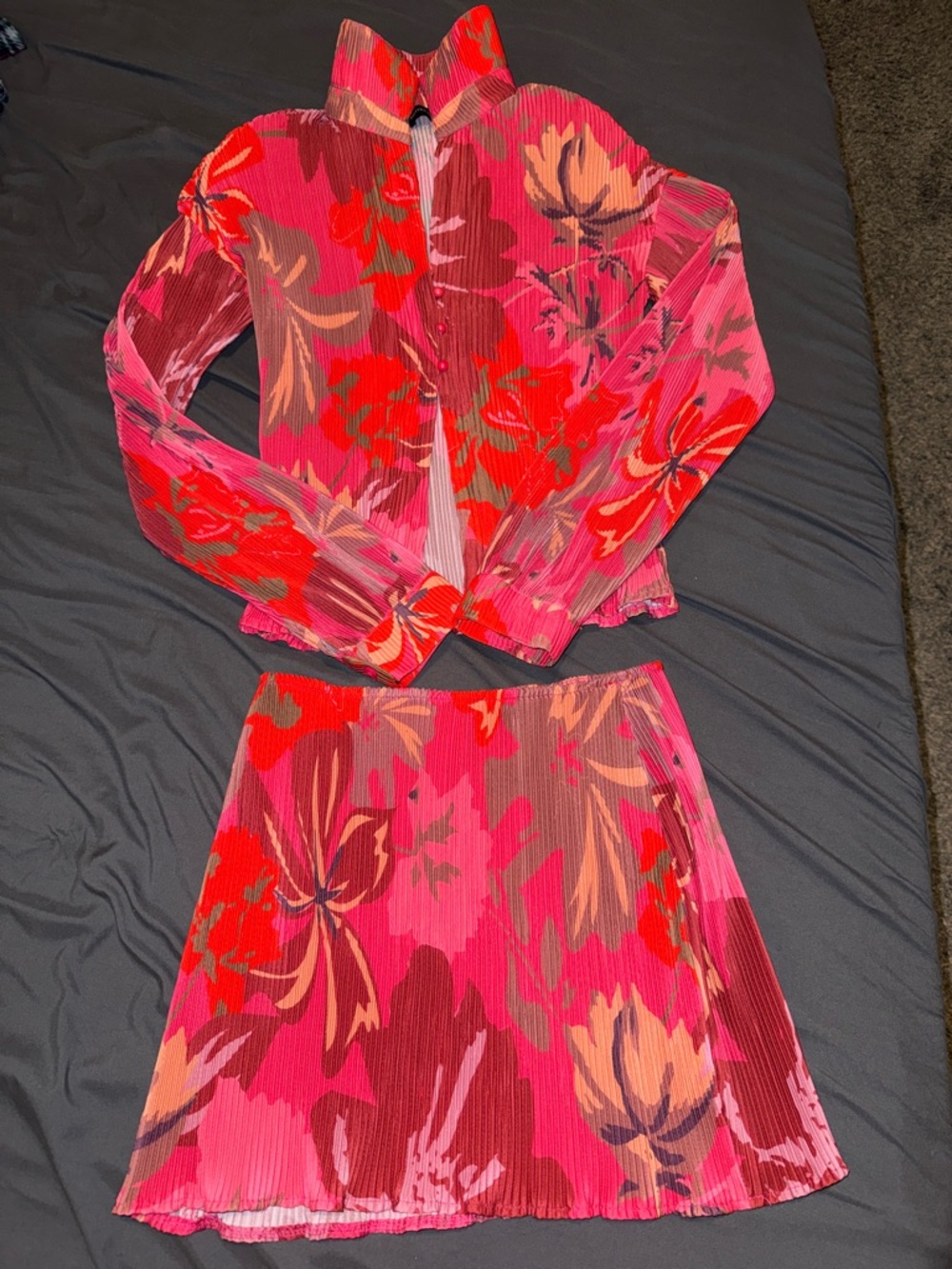 Vibrant Pink Floral Pleated Two-Piece Set